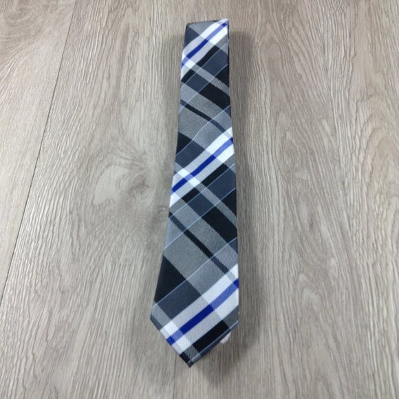 JF J. Ferrar Gray & Blue Plaid Narrow Tie - Picture 1 of 3